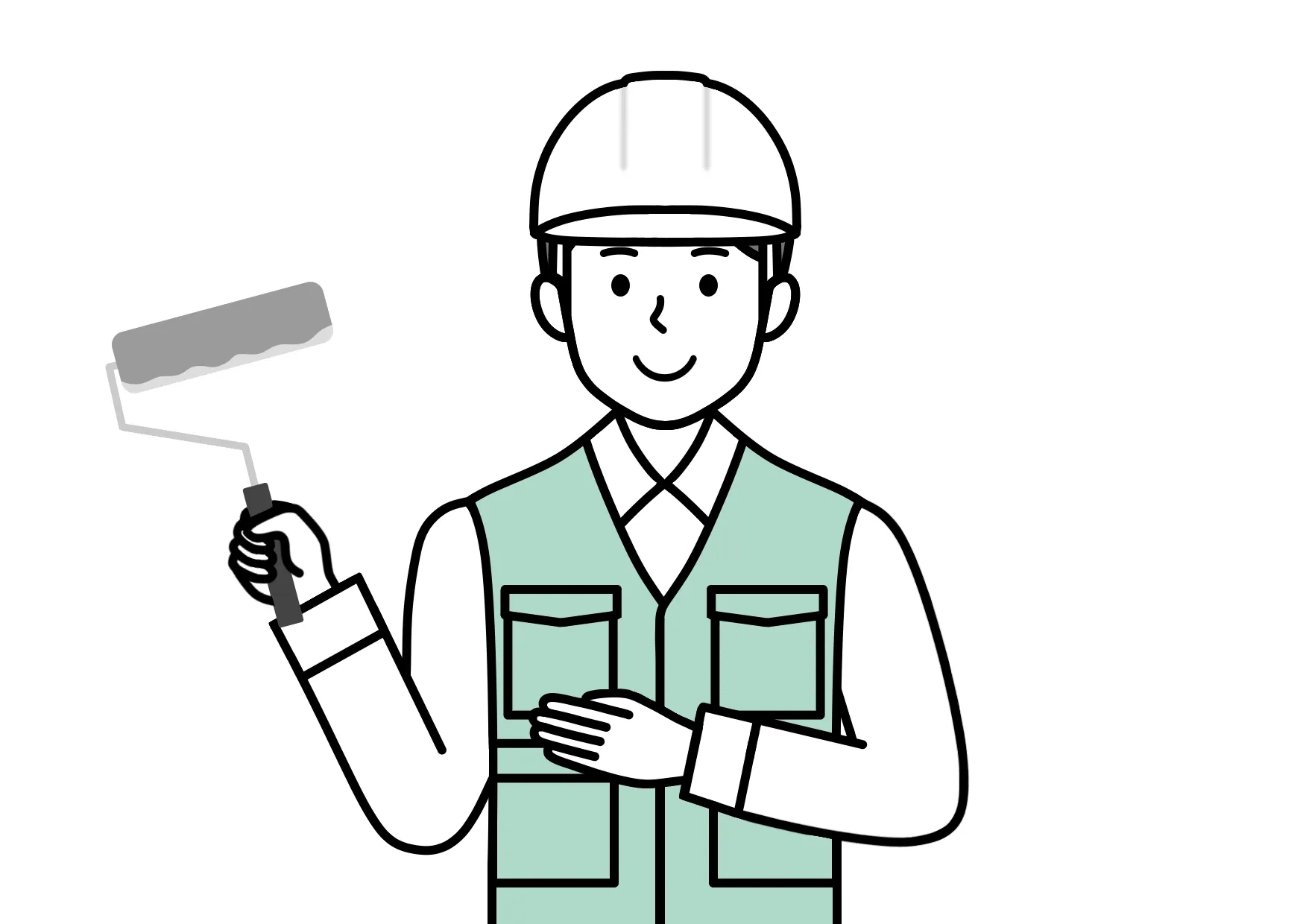 外壁塗装を行う塗装工の職人とローラーのイラスト